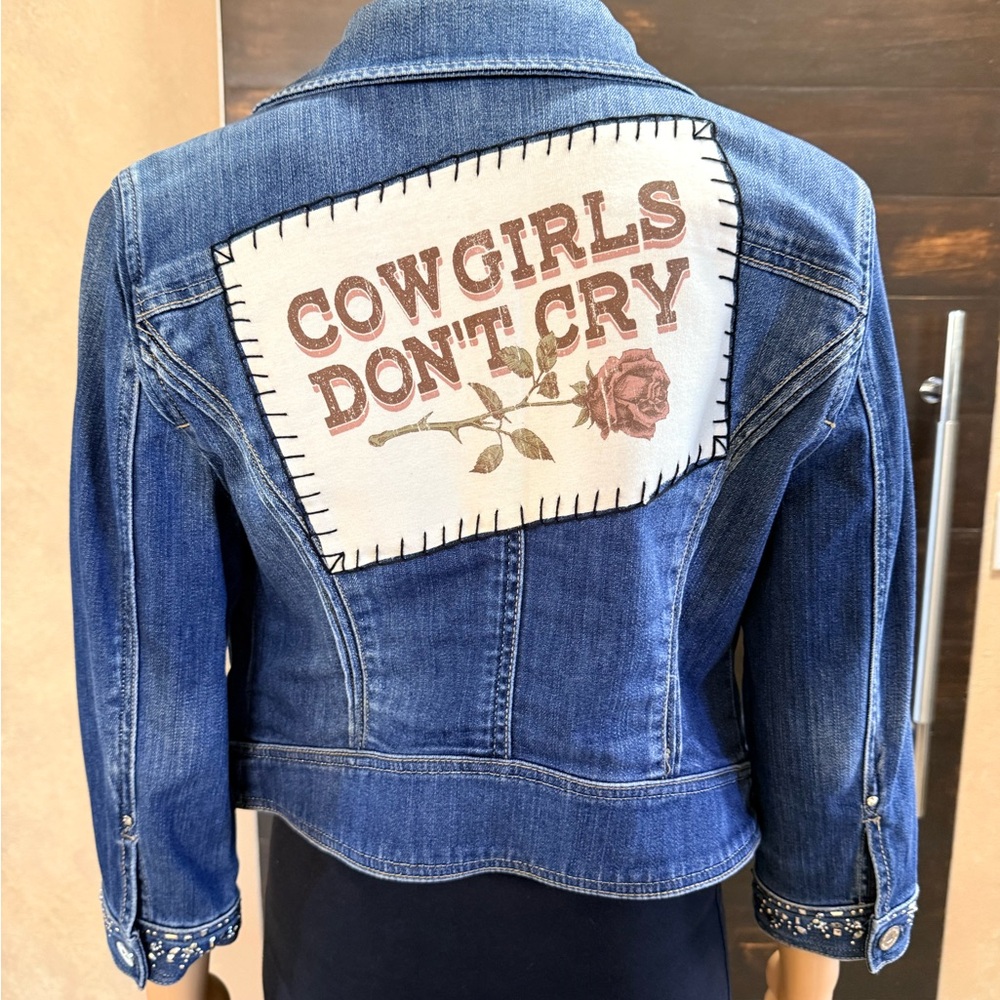 Upcycled White House Black Market Cowgirls Don't Cry Denim Jacket Size 6
